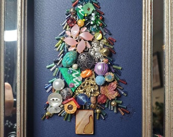 Christmas Tree Framed Artwork, MADE TO ORDER, Vintage Jewelry Art, Assemblage, Choose your size and style