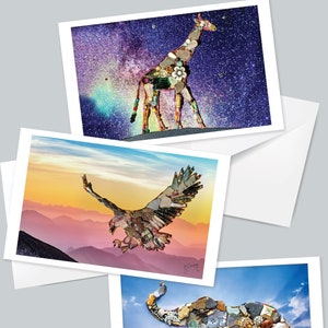 Set di 3 biglietti artistici grandi e buste - Aquila Giraffa Elefante Tartaruga Cavallo - Mary Lou Cerami Opere d'arte originali Stampe di animali della fauna selvatica