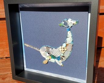 Narwhal Framed Sea Glass Mosaic, Ocean life, Whale dolphin Nature lover, Spirit Animal, Nautical wall art, Gift for her, Mixed Media Collage