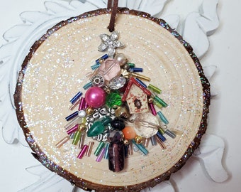 Christmas Tree Ornament, MADE TO ORDER, Vintage Jewelry Art, Wood slice, Assemblage, Choose your style & theme