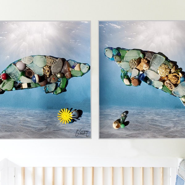 Manatee Artwork Prints, Set of 2, Giclee from original sea glass mosaic, Unframed, Ocean Lover gift, Nature wildlife, Nautical, Beach house