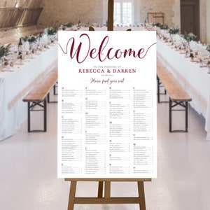 Burgundy Seating Chart. 24x36 Alphabetical Wedding Seating Plan Template