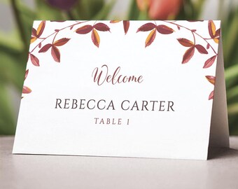 Autumn Leaves Place Cards for Fall Season Weddings. Download Editable Printable Template