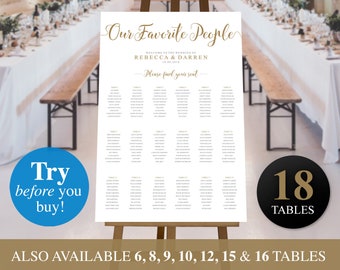 May include: A printable wedding seating chart with the title "Our Favorite People" and the text "Welcome to the wedding of Rebecca & Darren". The chart is designed for 18 tables and includes the text "Please find your seat".