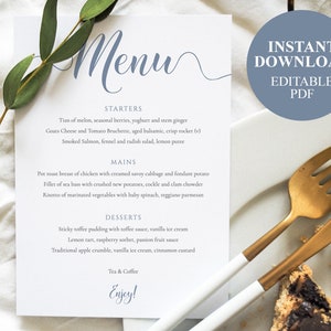 Cartão De Menu De Mesa Azul Dusty Do Modelo 5x7 Do Casamento