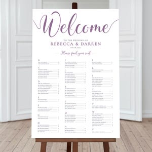 Purple Seating Chart Template. 24x36 Alphabetical Wedding Seating Plan