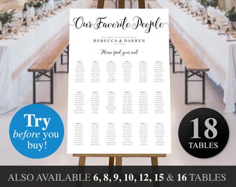 May include: A printable wedding seating chart template with the text "Our Favorite People" and "Welcome to the wedding of Rebecca & Darren 18.08.2018" at the top. The chart is designed for 18 tables and includes the text "Please find your seat".