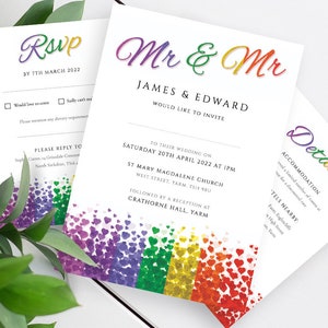 Set Rsvp per biglietto di auguri per matrimonio gay Mr & Mr - Modelli PDF modificabili stampabili DOWNLOAD immediato. Invito con cuori colorati per il Gay Pride