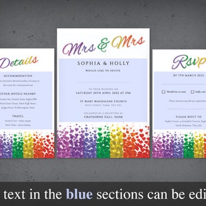 Lesbian Wedding Invitation Set Mrs & Mrs Details Card Rsvp Set Printable Editable PDF Templates INSTANT DOWNLOAD Gay Pride Hearts Invite image 9