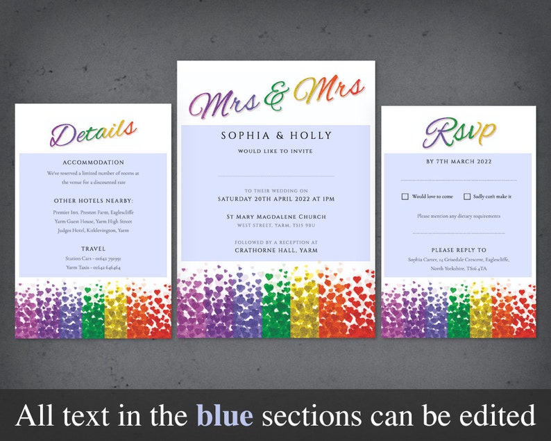 Lesbian Wedding Invitation Set Mrs & Mrs Details Card Rsvp Set Printable Editable PDF Templates INSTANT DOWNLOAD Gay Pride Hearts Invite image 9