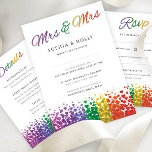 Invitación de boda lesbiana Set Mrs & Mrs Detalles Tarjeta Rsvp Set - Plantillas PDF editables imprimibles DESCARGA INSTANTE Invitación de corazones del Orgullo Gay