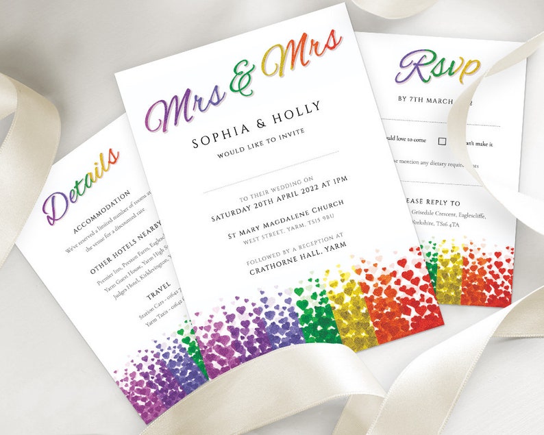 Lesbian Wedding Invitation Set Mrs & Mrs Details Card Rsvp Set Printable Editable PDF Templates INSTANT DOWNLOAD Gay Pride Hearts Invite image 1