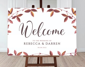 Rustic Wedding Welcome Sign with Autumn Leaves - Digital Download