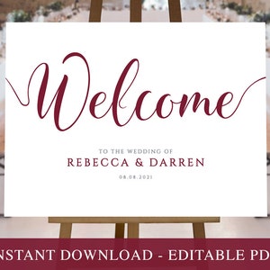 Personalized Wedding Welcome Sign Burgundy - Editable PDF Template