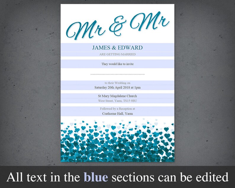Mr &amp; Mr Wedding Invitation Printable Editable Pdf Template - Etsy UK