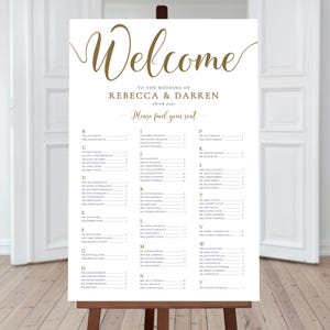 Bruiloft zitplaatsen grafiek alfabetische gouden sjabloon. Grote A-Z plattegrond A1 of 24 x 36 inch