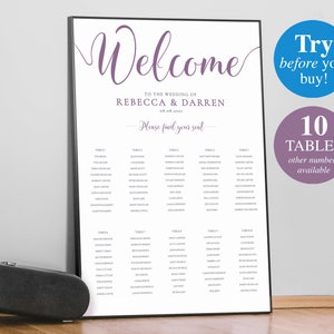 Purple Wedding Seating Chart 10 Tables. 24x36 Seating Plan Template