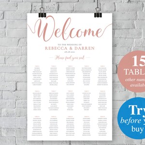 Rose Gold Wedding Seating Chart Template 15 Tables