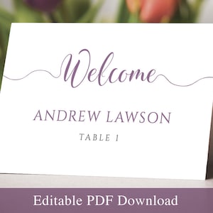 Modèle de cartes de place violet. Cartes de nom de mariage modifiables imprimables Cartes de tente pliées