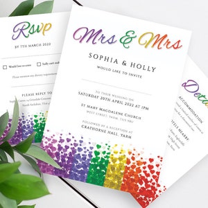 Lesbian Wedding Invitation Set Mrs & Mrs Details Card Rsvp Set Printable Editable PDF Templates INSTANT DOWNLOAD Gay Pride Hearts Invite image 2