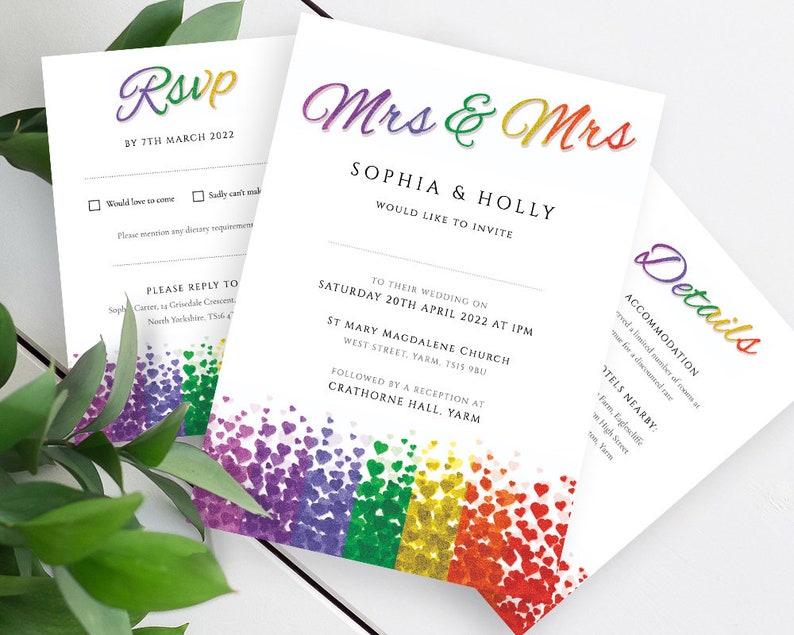 Lesbian Wedding Invitation Set Mrs & Mrs Details Card Rsvp Set Printable Editable PDF Templates INSTANT DOWNLOAD Gay Pride Hearts Invite image 2