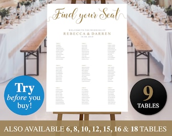 Gold Seating Chart Template. Find Your Seat Sign for Weddings Christenings Birthday Parties Bar Mitzvahs