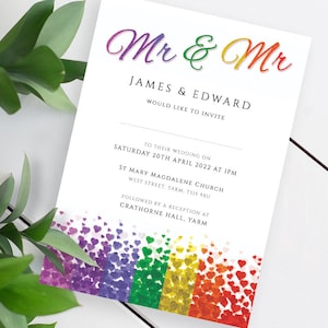 Faire-part de mariage gay Mr & Mr - Modèle PDF modifiable imprimable TÉLÉCHARGEMENT INSTANTANÉ. Gay Pride Colors Hearts Invitation de mariage homosexuel LGBT