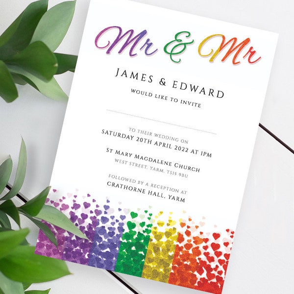 Gay Wedding Invitation Mr & Mr - Printable Editable Pdf Template INSTANT DOWNLOAD. Gay Pride Colours Hearts LGBT Same Sex Marriage Invite