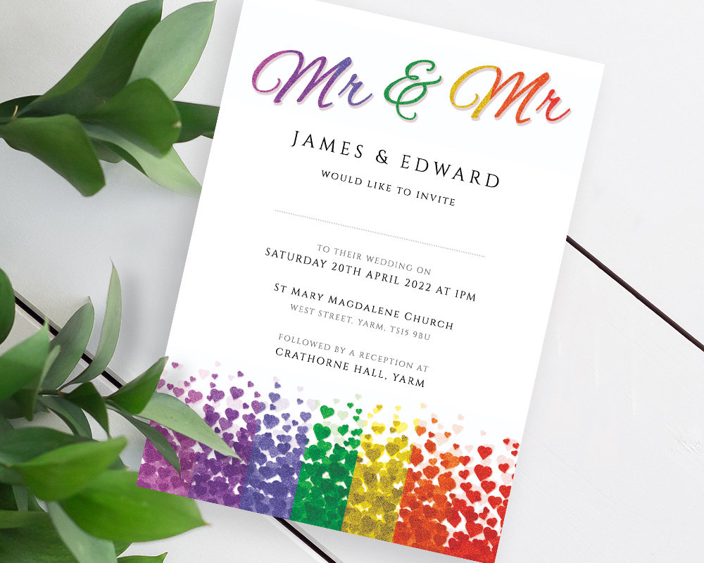 Mr & Mr Gay Wedding Invitation: Pride Hearts (Printable PDF Template)