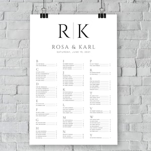 Alphabetical Wedding Seating Chart. Large Bride & Groom Initials 24x36 or A1 Size