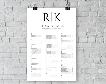 May include: A black and white wedding seating chart with the names Rosa & Karl and the date Saturday, June 19, 2021. The chart is divided into alphabetical sections with guest names listed under each letter.