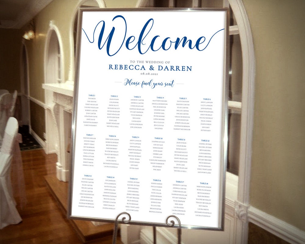 Royal Blue Wedding Seating Chart Template 18 Tables - Etsy