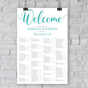 Turquoise Seating Chart Template. Alphabetical Wedding Seating Plan A1 or 24x36