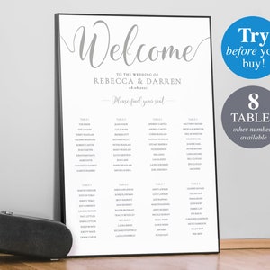 Silver Wedding Seating Chart 8 Tables. 24x36 Seating Plan Template