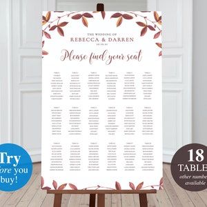 May include: A printable wedding seating chart with an autumnal theme. The chart features a white background with a floral design in shades of brown and red. The text "The Wedding of Rebecca & Darren 10.10.21 Please find your seat" is printed at the top of the chart. The chart is divided into 18 tables, each with a list of names.