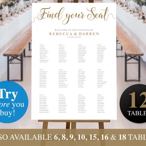 Seating Chart Wedding Template Gold A1 or 24 x 36. Find Your Seat Chart