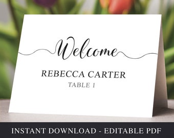 Wedding Place Cards Template. Printable Editable Name Cards Folded Tent Card Black & White Calligraphy. Seating Table Sign