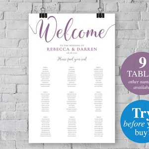 Purple 9 Table Seating Chart. 24x36 Wedding Seating Plan Template