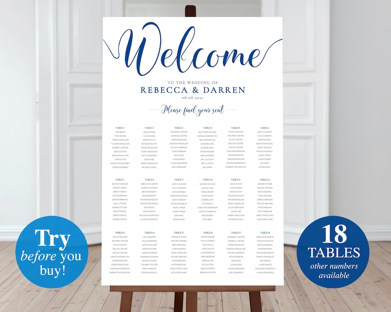 Royal Blue Wedding Seating Chart Template 18 Tables - Etsy
