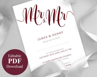 Burgundy Mr & Mr Gay Wedding Invitation - Printable Editable PDF Template Wedding Invite