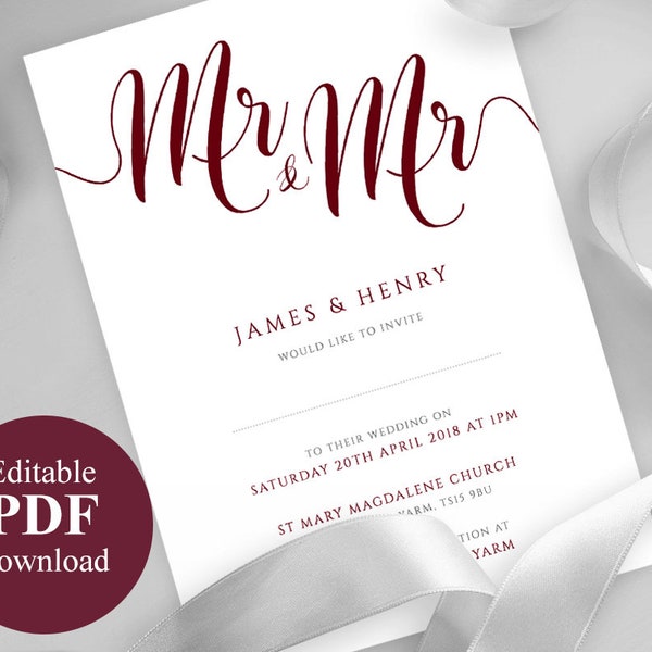 Burgundy Mr & Mr Gay Wedding Invitation - Printable Editable PDF Template Wedding Invite