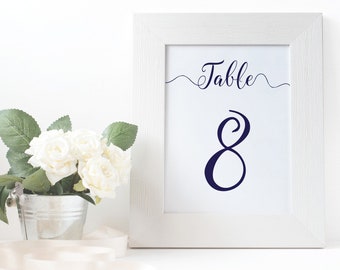 Números de mesa de boda azul marino 5x7 PDF imprimible