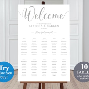 Silver Wedding Seating Chart 10 Tables. 24x36 Seating Plan Template