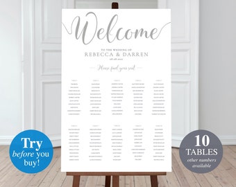 Silver Wedding Seating Chart 10 Tables. 24x36 Seating Plan Template