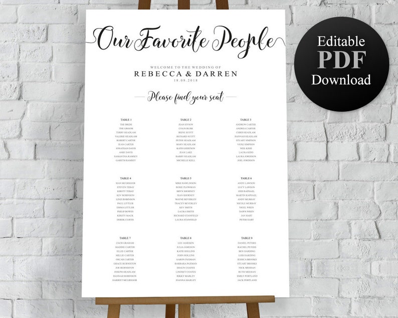 Seating Chart Template Wedding Christening Birthday Party Bar Mitzvah Corporate Events