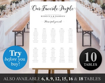 以下が含まれることがあります： 「Our Favorite People」と「Welcome to the Wedding of Rebecca & Darren」のテキストが書かれた、印刷可能な結婚式席次表テンプレート。このチャートは10テーブル用に設計されており、「Please find your seat」のテキストが含まれています。