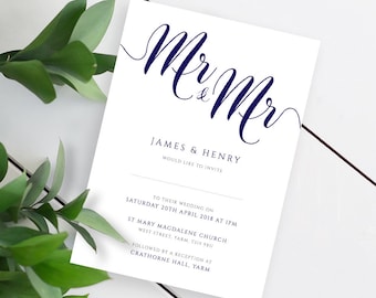 Navy Mr & Mr Gay Wedding Invitation - Printable Editable PDF Template Wedding Invite