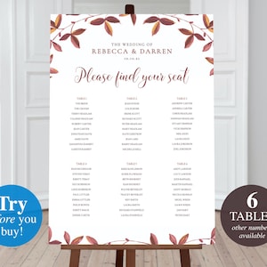 Autumn Leaves Wedding Seating Chart Template 6 Tables