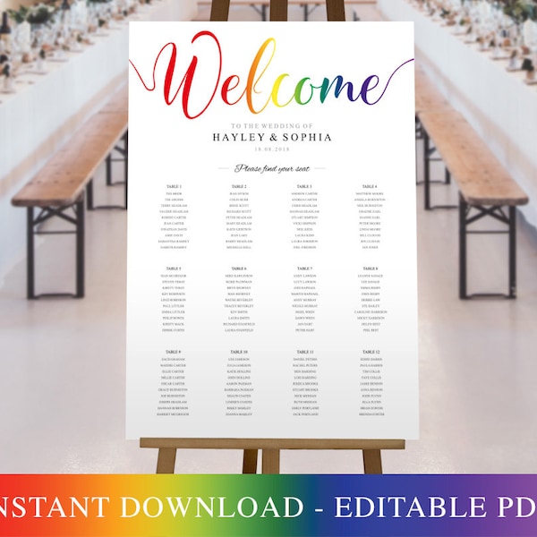 Pride Wedding Seating Chart Template - Printable Editable Pdf INSTANT DOWNLOAD. Gay Pride, Lesbian, LGBT, Seating Plan. Find your seat sign