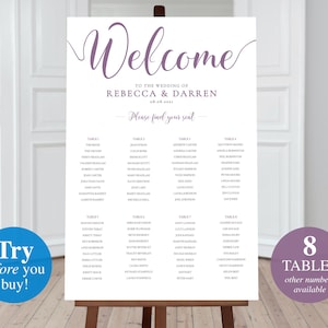 Purple Wedding Seating Chart 8 Tables. 24x36 Seating Plan Template